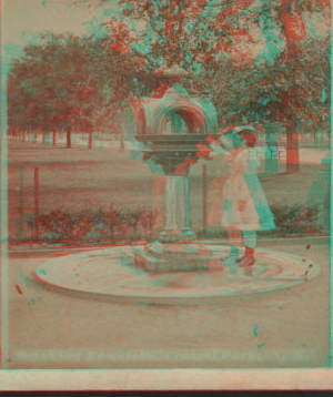 Drinking fountain, Central Park, N.Y. [Girl in a dress at the fountain.] 1860?-1905?