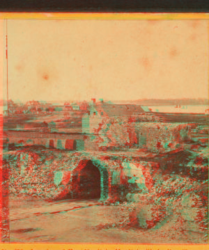 Interior of Fort Moultrie, Moultrieville in dist[ance], Charleston, S.C. 1861?-1903 1865