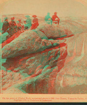 On the point of Glacier Rock, suspended above a 3200 feet chasm, Yosemite Valley, Cal. 1893-1904