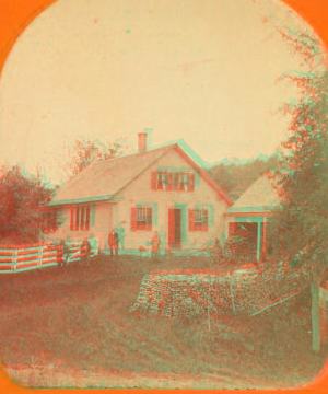 [People posing in front of the house with fences.] 1865?-1885?