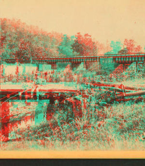 The Iron Bridge and ruins of Old Mill, near Spence Creek, Huntington Co. 1860?-1870?