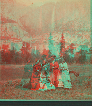 [Group of tourists, with Yosemite Falls as backdrop.] 1870?-1885? [1866-1870]