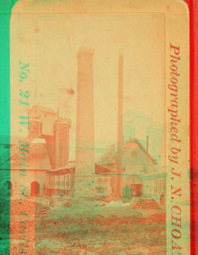 [Industrial building with inclined plane and large smokestack.] 187- 1865?-1885?