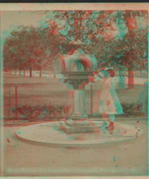 Drinking fountain, Central Park, N.Y. [Girl in a dress at the fountain.] 1860?-1905?