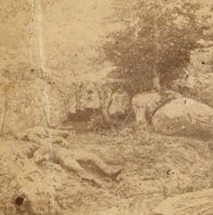 Dead Confederate sharpshooters of Hood's Division among the rocks in Devil's Den in front of Little Round Top. 1880?-1891? 1861-1865 one view copyright 1904