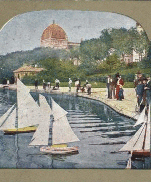 Model yachts on lake, Central Park, New York. [1865?-1905?]