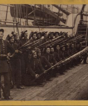 Group of soldiers charging with bayonets, on board of the Italian man of war Re Galantuomo, in New York Harbor, 1862. 1862 1859?-1875?