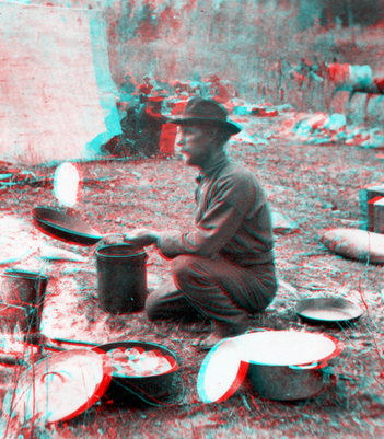 Views among the Rocky Mountains of Colorado. Camp scene. Flipping flapjacks, "Potato John." Colorado. 1874.