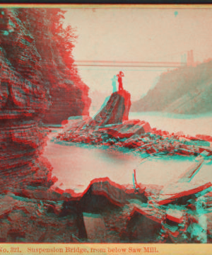 Suspension Bridge, from below Saw Mill. [1863?-1880?]