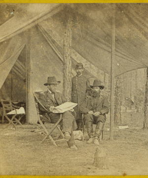 Lieut. Gen. Grant and chief of staff, Gen. Rawlins, at his head quarters, at Cold Harbor, Va.  Taken June,  14th 1864.