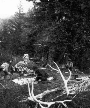 Canyon of the West Gallatin, Montana Territory. Camp in the Upper Canyon of the West Gallatin River. Gallatin County, Montana. 1872.