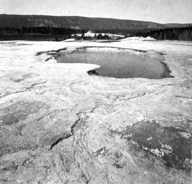 Yellowstone National Park, Hot Springs and Geysers. Crater of the Giantess Geyser. It has a large, deep orifice, 20 by 25 feet in diameter, and when empty showing a depth of 80 feet.