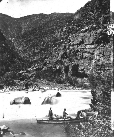 Rapid at Canyon of Lodore, Green River. Head of Hell's Half Mile. Jones, Hillers, and Dellenbaugh in the Emma Dean at foot of rapid