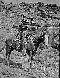 Prof. A.H. Thompson on his horse "Old Ute", looking through field glasses, about 1873. Old nos. 441, 468, 459, 661. See 663 also.