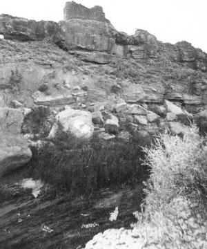 Hovenweep National Monument, Colorado. Hovenweep Castle. Ruined town on the Hovenweep, a tributary of the San Juan lying just within Colorado, occupying a prominent rocky bluff overlooking the usually dry bed of the creek.