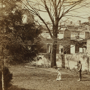 View in the rear of Dunlop's house, Bollingbrook Street, Petersburgh [sic], showing ruins of tobacco warehouses destroyed by shell. [Stereograph.]