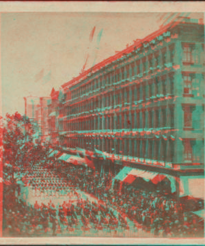 The Seventh Regiment arrive in front of the Metropolitan to escort the Embassy to the City Hall, June 18, 1860. 1859-1899 June 18, 1860