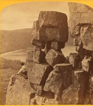 Devil's Lake and vicinity. Boulder on top of Cliff, at foot of Doorway. 1870?-1900? [1870?]
