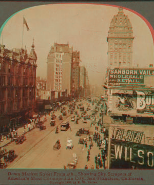 Down Market Street, from 4th, showing skyscrapers of America's most cosmopolitan city, San Francisco, California. 1860?-1907 1905