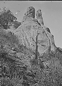 On Ashley Creek, Green River "Twin Pinnacles" in Northeast Utah. Photo by Hillers, No. 188. "Ashley Creek, a tributary of Green River, NE corner of Utah. Indian name is Teau-war-navits".