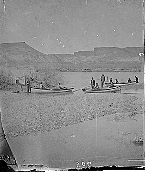 Green River. Just below U.P. Railroad bridge at Green River, Wyoming. Left bank with boats of Powell's 2nd Expedition, BEFORE THE START