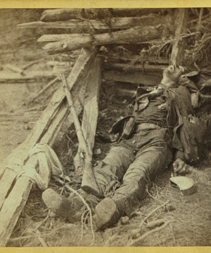 Dead Confederate soldier as he lay on the field, after the battle of the 19th May, near Mrs. Allsop's, Pine Forest, 3 miles from Spottsylvania Court House, Va.