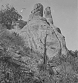 On Ashley Creek, Green River "Twin Pinnacles" in Northeast Utah. Photo by Hillers, No. 188. "Ashley Creek, a tributary of Green River, NE corner of Utah. Indian name is Teau-war-navits".