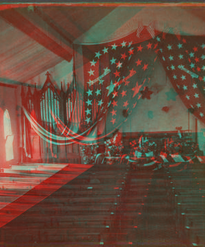 [Church (?) interior, draped with flags.] 1865?-1890?