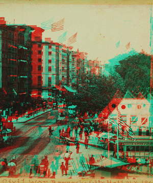 Broadway from Barnum's Museum, showing portion of park barracks.