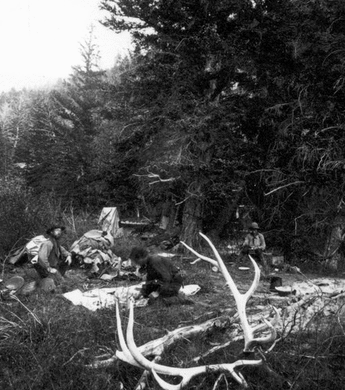 Canyon of the West Gallatin, Montana Territory. Camp in the Upper Canyon of the West Gallatin River. Gallatin County, Montana. 1872.