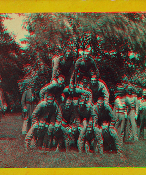 Gymnastic field sports of the gallant 7th. A four story pile of men. [Stereograph]