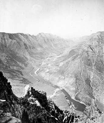 General view of Green River in Split Mountain Canyon from above (3000 feet) at entrance. Looking downstream. Dinosaur National Monument. Uintah County, Utah. July 1871.