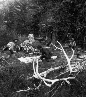 Canyon of the West Gallatin, Montana Territory. Camp in the Upper Canyon of the West Gallatin River. Gallatin County, Montana. 1872.