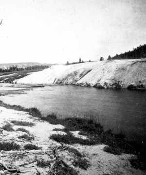 Yellowstone National Park, Wyoming. Upper Geyser Basin, looking up. 1872. U.S. Geological and Geographical Survey of the Territories (Hayden Survey). Stereoscopic view.