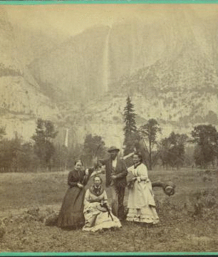 [Group of tourists, with Yosemite Falls as backdrop.] 1870?-1885? [1866-1870]