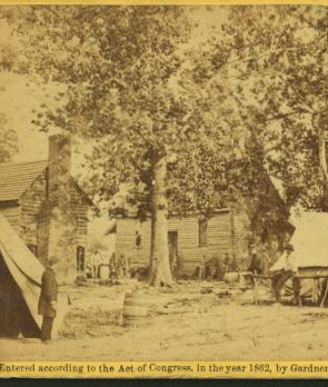 Old frame house on Fair Oaks battlefield, pierced by hundreds of bullets, and used as a hospital by Hooker's division. 1862-1865