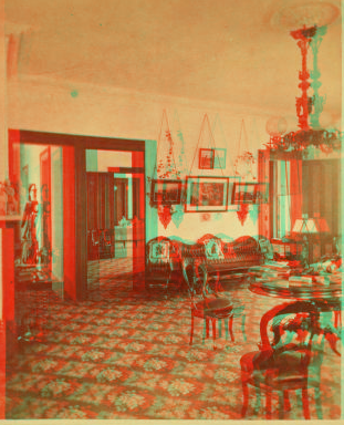 [Interior of Marcus H. Rogers' residence, furniture, light fixtures, layout of rooms visible.] 1865?-1905?