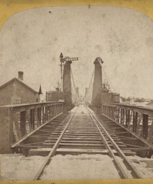 Railroad, top of Suspension Bridge, Niagara Falls. [1859?-1885?]