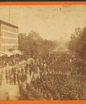 The Army of the Potomac. Looking up Pennsylvania Avenue from the Treasury buildings, Maj. Gen. Wright and 6th Army Corps passing in review. 1861-1865